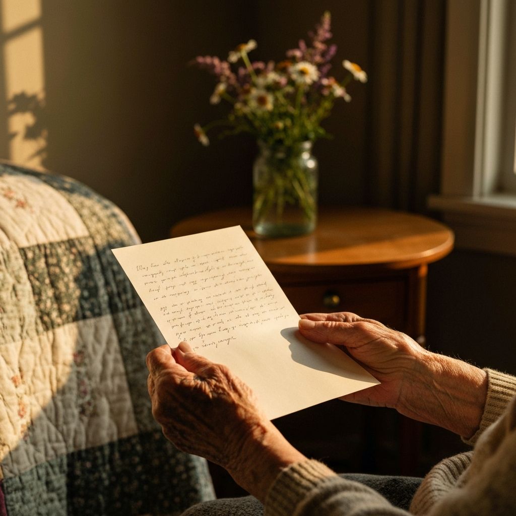 Elderly woman's hands holding an opened handwritten letter on cream stationery