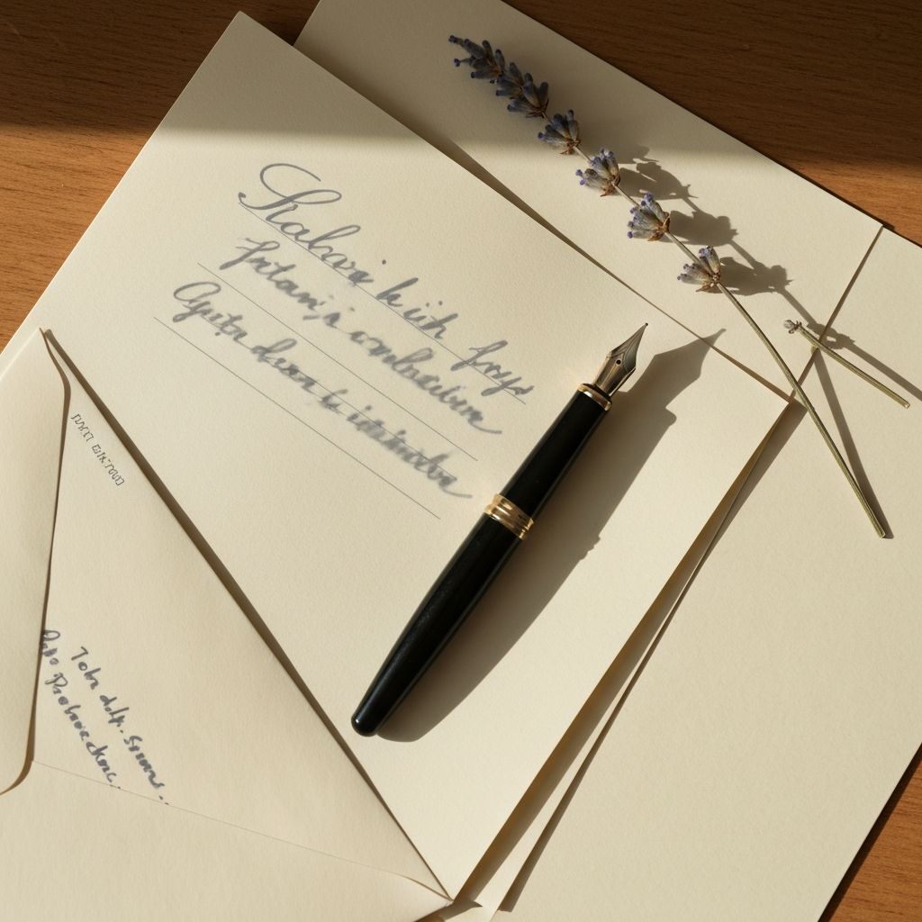 Flat-lay of letter-writing materials including pen, stationery, and dried lavender