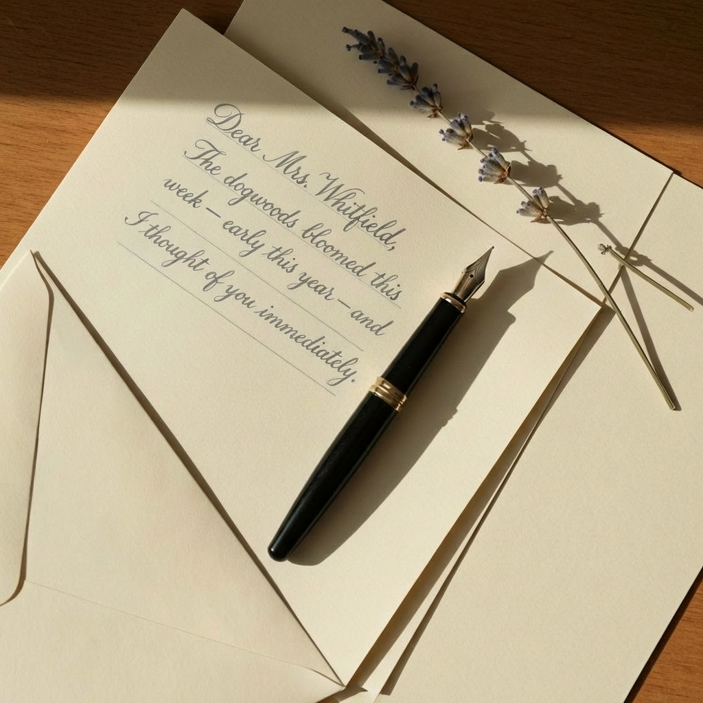 Flat-lay of letter-writing materials including pen, stationery, and dried lavender