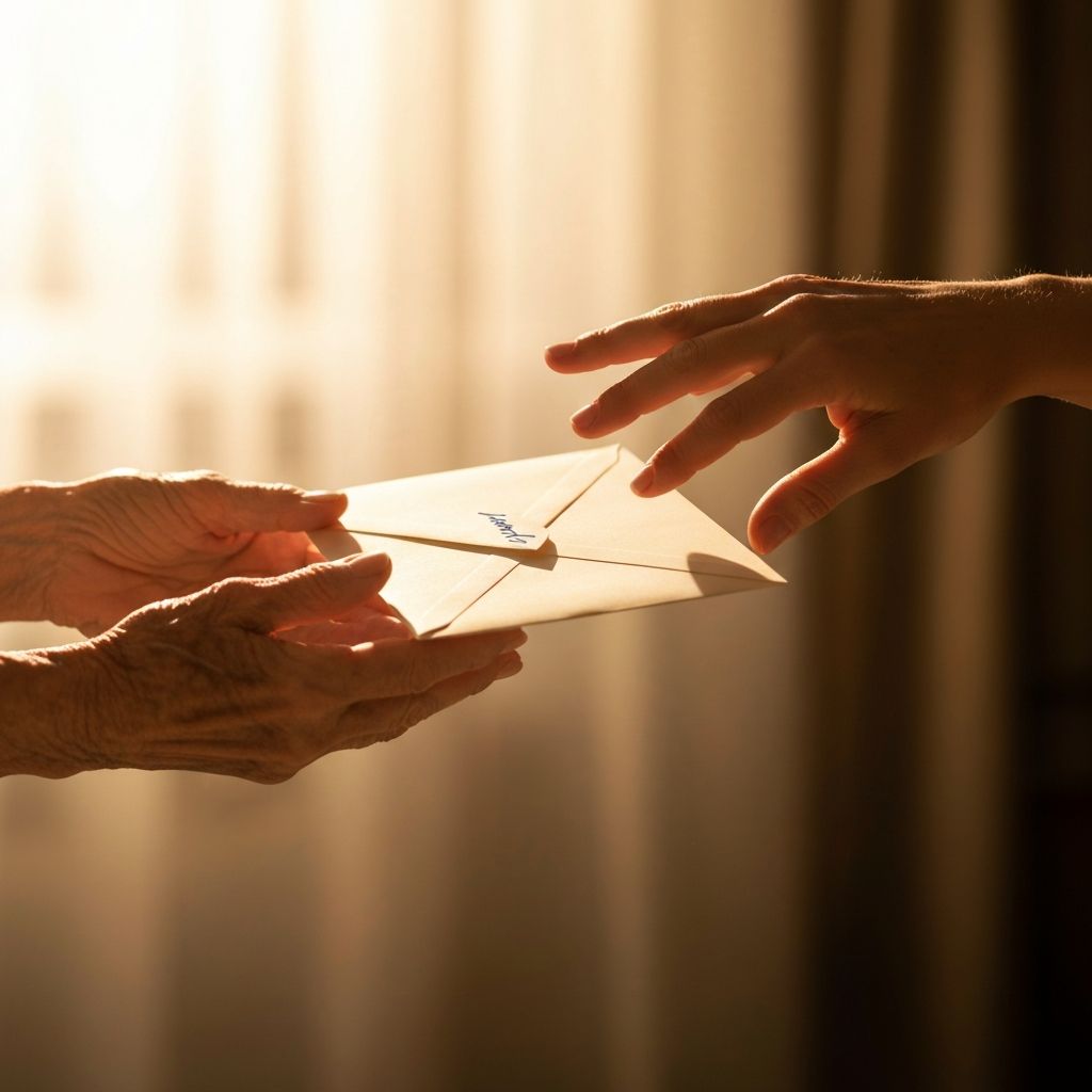 Two hands reaching toward each other with a letter between them